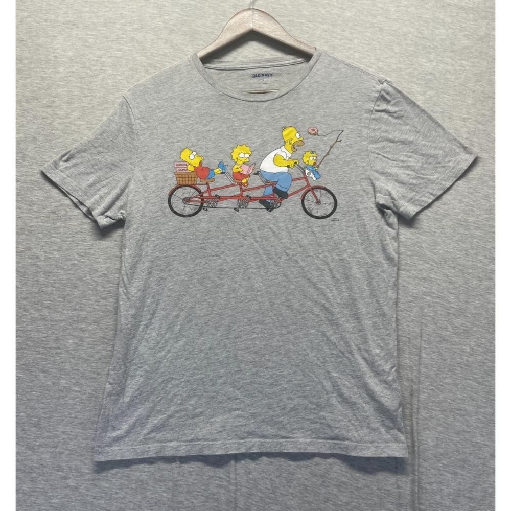 Old Navy T Shirt Men Small Heather Gray Graphic The Simpsons Tandem Bicycle Logo